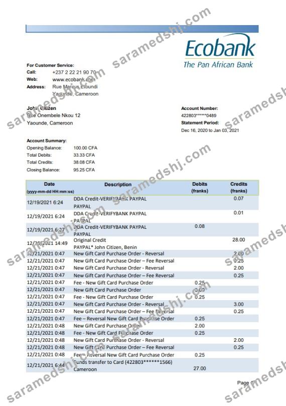 Cameroon Ecobank bank statement easy to fill template in .xls and .pdf file format